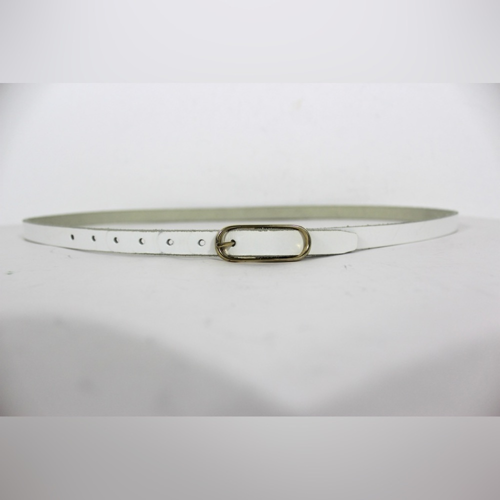 Skinny White Leather Belt, Narrow Gold Buckle S M Small Medium